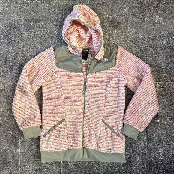 Girl's The North Face Oso Pink White Striped Fuzzy Fleece Zip Up Jacket Sz XL 18